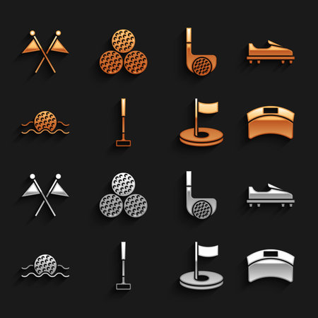 Set Golf club shoe Sun visor cap hole with flag ball in water and icon. Vector.のイラスト素材