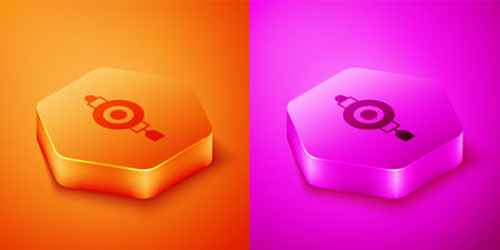 Isometric Chinese paper lantern icon isolated on orange and pink background. Hexagon button. Vector.のイラスト素材