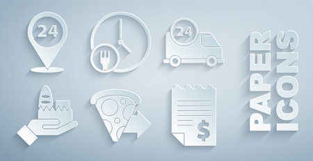 Set Online ordering pizza delivery Fast by car and Paper financial check Round the clock and icon. Vector.のイラスト素材