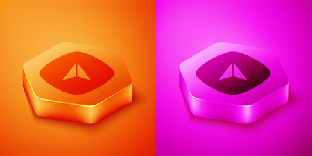 Isometric Infographic of city map navigation icon isolated on orange and pink background. Interface concept design. Geolocation concept. Hexagon button. Vector.のイラスト素材