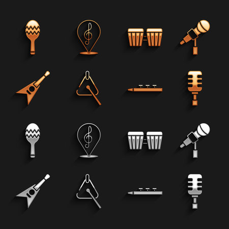 Set Triangle Microphone Drum and drum sticks Electric bass guitar Maracas and Treble clef icon. Vector.のイラスト素材