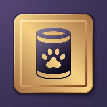 Purple Canned food icon isolated on purple background. Food for animals. Pet food can. Gold square button. Vector.のイラスト素材