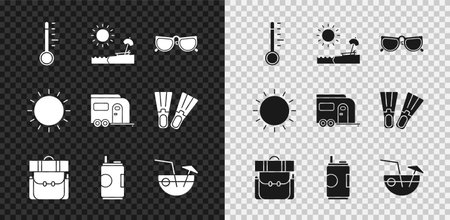 Set Meteorology thermometer Beach with umbrella and chair Glasses Hiking backpack Soda can Coconut cocktail Sun and Rv Camping trailer icon. Vector.のイラスト素材