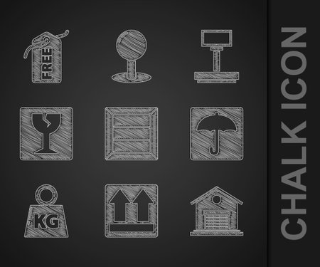 Set Wooden box This side up Warehouse Umbrella Weight Fragile broken glass Scale and Price tag with Free icon. Vector.のイラスト素材
