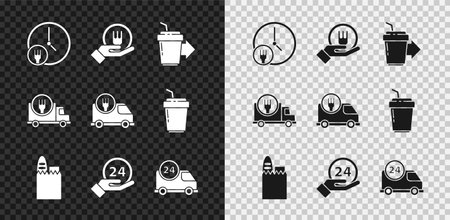 Set Round the clock delivery Online ordering and Coffee cup to go Shopping bag food Clock 24 hours Fast by car and icon. Vector.のイラスト素材