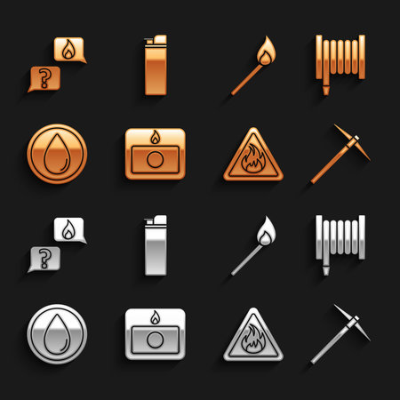 Set Fire alarm system hose reel Pickaxe flame in triangle Water drop Burning match with fire Phone emergency call 911 and Lighter icon. Vector.のイラスト素材