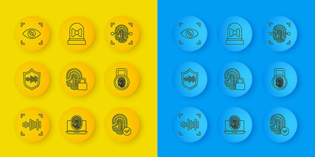 Set line Voice recognition Shield voice Fingerprint with lock Eye scan and Motion sensor icon. Vector.のイラスト素材