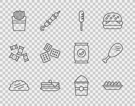 Set line Taco with tortilla Nachos in plate Fried sausage Stack of pancakes Potatoes French fries box Cracker biscuit Popcorn and Chicken leg icon. Vector.のイラスト素材