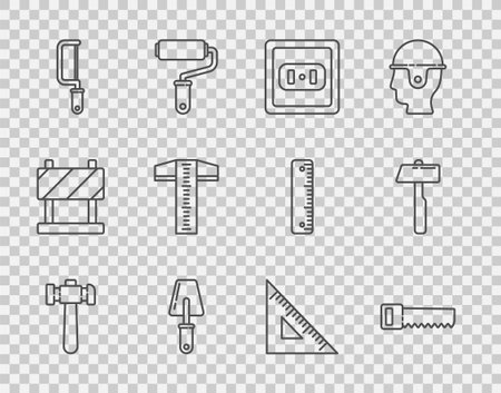 Set line Hammer Hand saw Electrical outlet Trowel Hacksaw T-square line Triangular ruler and icon. Vector.のイラスト素材