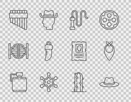 Set line Canteen water bottle Western cowboy hat Leather whip Hexagram sheriff Pan flute Tooth Cactus and Cowboy bandana icon. Vector.のイラスト素材