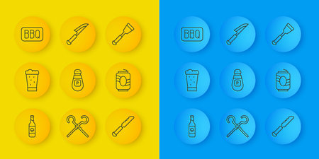 Set line Beer bottle Glass of beer Pepper Bread knife Soda can Barbecue Spatula and Knife icon. Vector.のイラスト素材