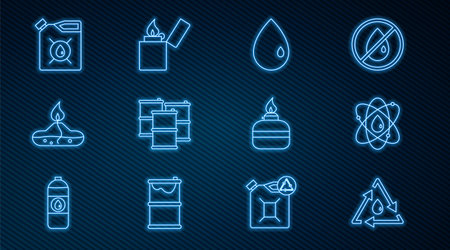Set line Oil drop with recycle Atom Barrel oil Alcohol or spirit burner Canister for motor machine and Lighter icon. Vector.のイラスト素材