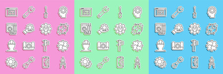 Set line Drawing compass Gear Wrench and arrows workflow Screwdriver Settings the hand Multimeter House plan and spanner gear icon. Vector.のイラスト素材