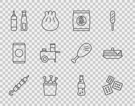 Set line Grilled shish kebab Cracker biscuit Hard bread chucks crackers Chicken leg in package box Sauce bottle Fast street food cart Bottle of water and Stack pancakes icon. Vector.のイラスト素材