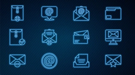 Set line Envelope with star Monitor and envelope Mail e-mail Delete check mark and speech bubble icon. Vector.のイラスト素材