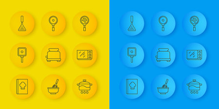 Set line Cookbook Frying pan Toaster Cooking pot Microwave oven Barbecue spatula and icon. Vector.のイラスト素材