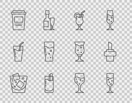 Set line Glass of whiskey champagne Cocktail Bloody Mary Coffee cup to go beer and Wooden cork for wine icon. Vector.のイラスト素材