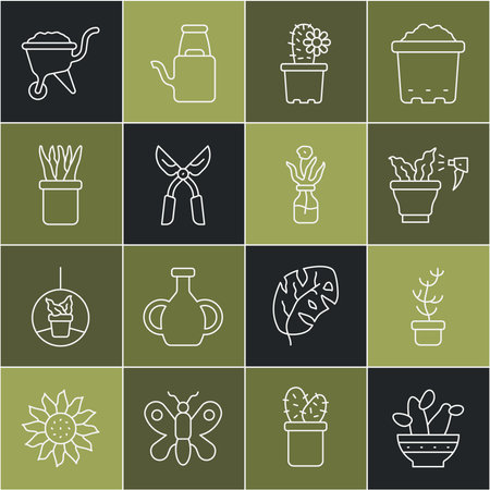 Set line Cactus peyote in pot Exotic tropical plant Spraying Gardening handmade scissors Plant Wheelbarrow with dirt and Flower glass bottle icon. Vector.のイラスト素材