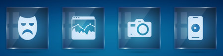 Set Drama theatrical mask, Music wave equalizer, Photo camera and Online play video. Square glass panels. Vector.のイラスト素材