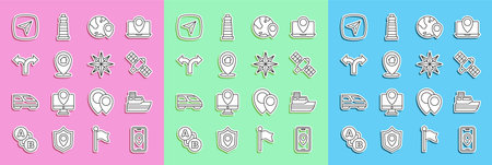 Set line City map navigation Ship line path Satellite Location the globe with house Road traffic sign Infographic of city and Wind rose icon. Vector.のイラスト素材