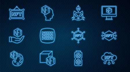 Set line NFT cloud Digital crypto art Binary code blockchain technology and icon. Vector.のイラスト素材