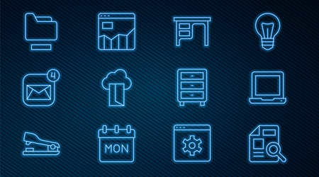 Set line Document with graph chart Laptop Office desk Cloud database Envelope folder Archive papers drawer and Graph infographic icon. Vector.のイラスト素材