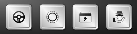 Set Steering wheel Car tire battery and Auto service check automotive icon. Silver square button. Vector.のイラスト素材