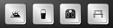 Set Campfire Sauna bucket Bathroom scales and wood bench icon. Silver square button. Vector.のイラスト素材