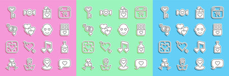 Set line Heart in speech bubble Bottle with love potion Chocolate bar Shopping bag heart Gender Key shape and Romantic man icon. Vector.のイラスト素材