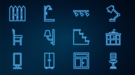 Set line Office chair Washbasin cabinet with tap Led track lights and lamps Wall sconce Chair Garden fence wooden Staircase and Shower icon. Vector.のイラスト素材