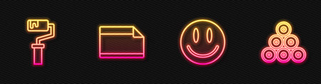 Set line Smile face, Paint roller brush, Paper adhesive sticker and spray can. Glowing neon icon. Vector.のイラスト素材