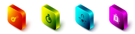 Set Isometric Kitchen whiskey, Stopwatch, apron and Electric kettle icon. Vector.のイラスト素材