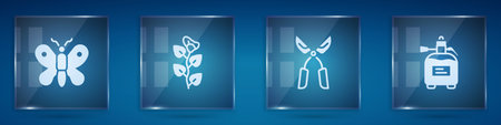 Set Butterfly, Ivy branch, Gardening handmade scissors and sprayer for fertilizer. Square glass panels. Vector.のイラスト素材
