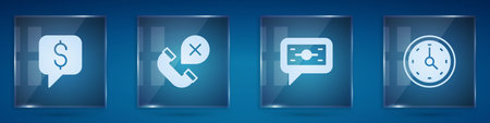 Set Paid support Declined missed phone call Stacks paper money cash and Clock. Square glass panels. Vector.のイラスト素材