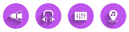 Set Movie spotlight, Headphones, Sound mixer controller and Music note, tone icon with long shadow. Vector.のイラスト素材