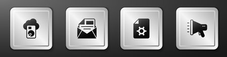 Set Cloud database Mail and e-mail Document settings and Megaphone icon. Silver square button. Vector.のイラスト素材