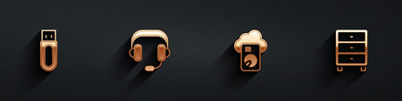 Set USB flash drive Headphones Cloud database and Archive papers drawer icon with long shadow. Vector.のイラスト素材