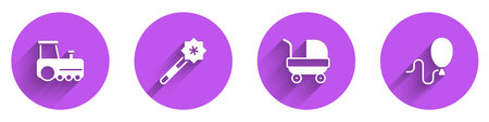 Set Toy train Magic wand Baby stroller and Balloons icon with long shadow. Vector.のイラスト素材