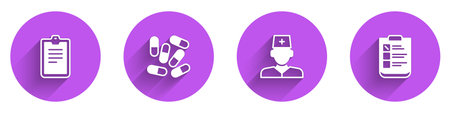 Set Psychological test Medicine pill or tablet Male doctor and icon with long shadow. Vector.のイラスト素材