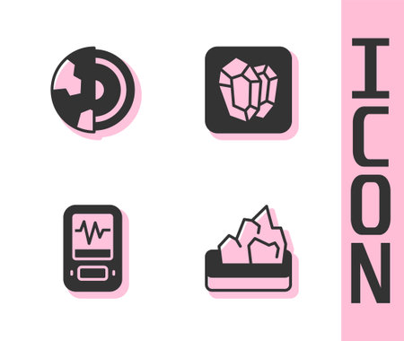 Set Ore mining Earth core structure crust Seismograph and Gem stone icon. Vector.のイラスト素材