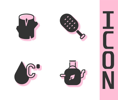 Set Teapot with leaf Wooden log Water temperature and Sauna brush icon. Vector.のイラスト素材