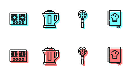 Set line Spatula, Gas stove, Electric kettle and Cookbook icon. Vector.のイラスト素材