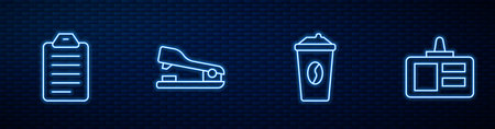 Set line Coffee cup to go To do list or planning Stapler and Identification badge. Glowing neon icon on brick wall. Vector.のイラスト素材