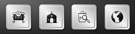 Set Searching for food Church building and Global economic crisis icon. Silver square button. Vector.のイラスト素材