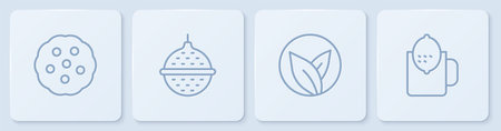 Set line Cookie or biscuit Tea leaf Ball tea strainer and Cup of with lemon. White square button. Vector.のイラスト素材