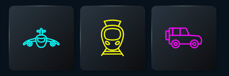Set line Plane Off road car and Tram and railway. Black square button. Vector.のイラスト素材