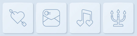 Set line Amour with heart and arrow Music note tone hearts Envelope Valentine and Candlestick. White square button. Vector.のイラスト素材