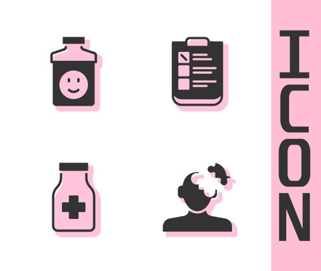 Set Solution problem in psychology Antidepressants Sedative pills and Psychological test icon. Vector.のイラスト素材
