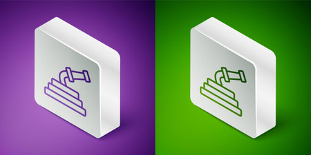 Isometric line Garden hose icon isolated on purple and green background. Spray gun icon. Watering equipment. Silver square button. Vector.のイラスト素材