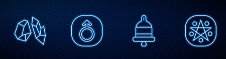 Set line Ringing alarm bell, Magic stone, Mars and Pentagram circle. Glowing neon icon on brick wall. Vector.のイラスト素材